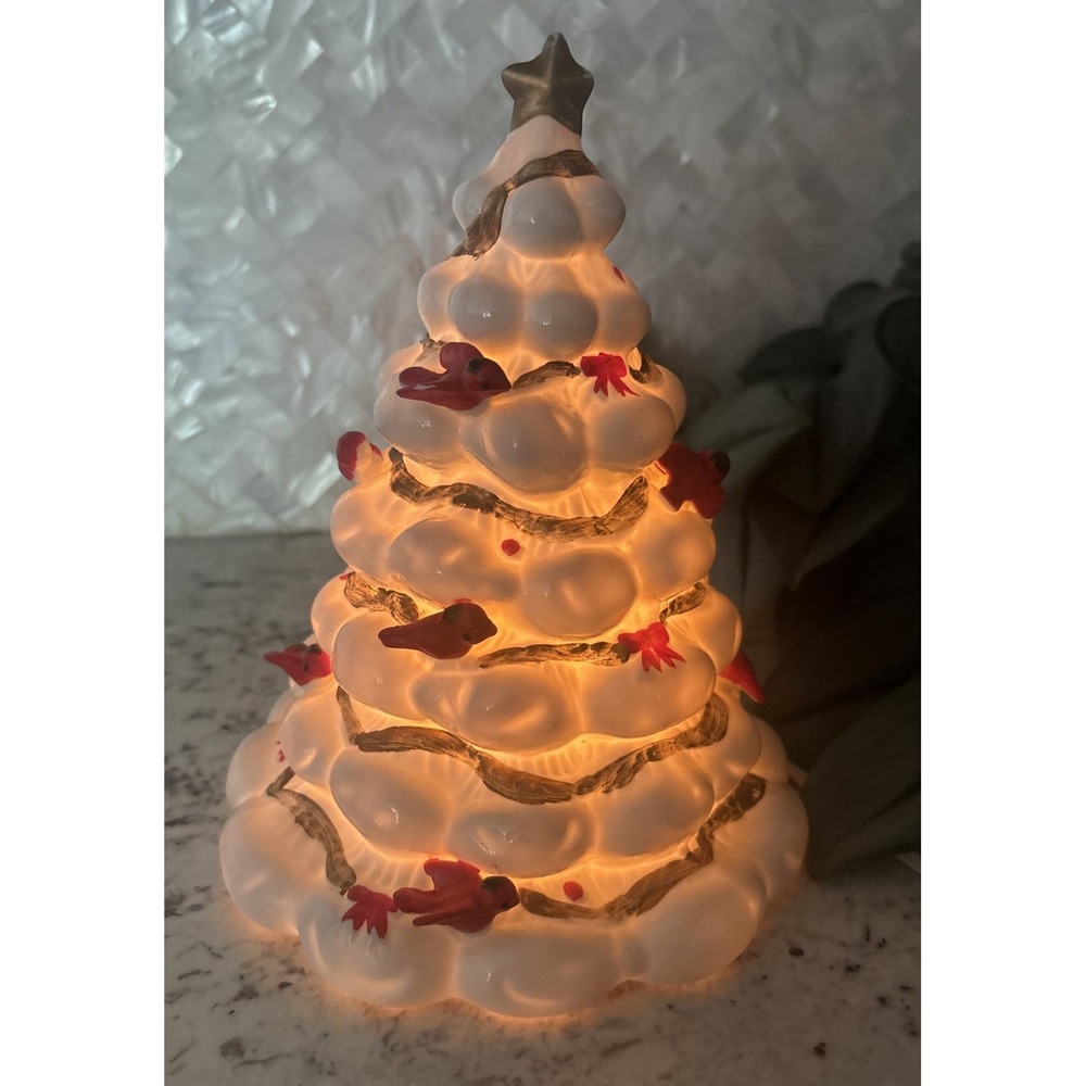 Vintage White Ceramic Christmas Tree 8.5" Red w/ Cardinals Gold Trim Light Works